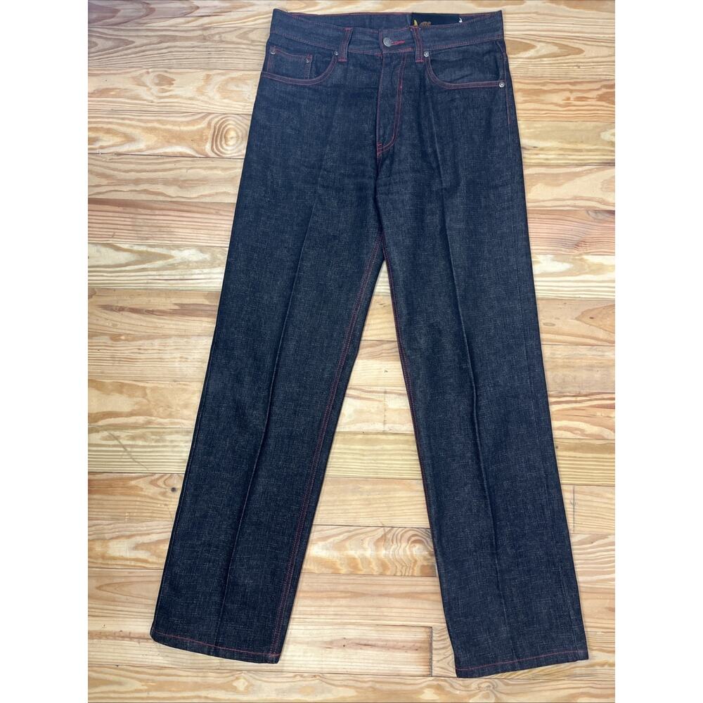 Chams Stitched Y2K Baggy Jeans Dark Wash Red Stitch Streetwear Wide Denim Sz 30